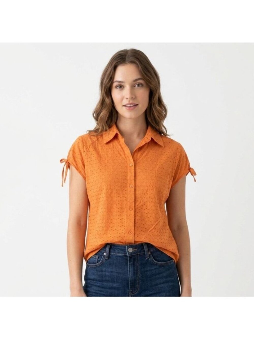 Apostrophe Orange Eyelet Short Sleeve Button Up Blouse Women Size S 6-8 Peasant